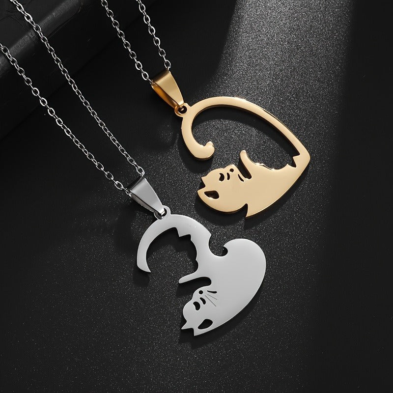 Cat Heart Couple Puzzle Necklace