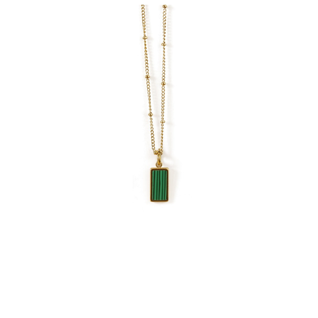 This image features a ChicBlingBabe necklace with a gold-tone chain and a round shell and malachite pendant, perfect for adding timeless elegance to workwear, casual outfits, or thoughtful gift occasions.