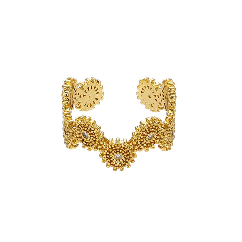 This elegant sunflower ring from ChicBlingBabe features a delicate floral design with sparkling zircon stones, making it a timeless accessory for both everyday wear and special occasions. The vintage-inspired gold-tone finish enhances its refined aesthetic, adding a touch of sophistication to any outfit.