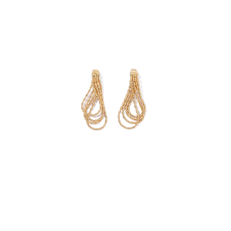 This image features a pair of chic tassel earrings made with 18K gold-plated brass. The earrings have a trendy, stylish design perfect for enhancing any outfit. Ideal for various occasions like casual wear, parties, or evening events, these fashion tassel earrings from Chicblingbabe offer a bold and elegant statement.