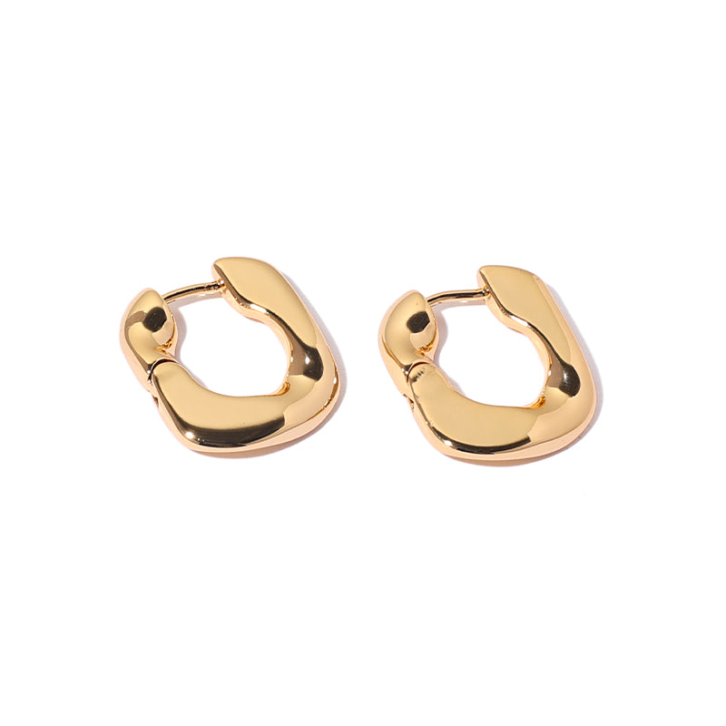 This image displays the ChicBlingBabe minimalist glossy square hoop earrings in shiny gold, designed for everyday wear with a sleek modern look that complements both workwear and casual outfits.