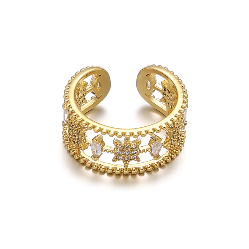 This vintage-inspired hollow star adjustable ring from ChicBlingBabe features a delicate open band design with shimmering cubic zirconia accents, perfect for daily wear or special occasions. The elegant gold-tone finish adds a touch of celestial charm, making it an eye-catching addition to any jewelry collection.