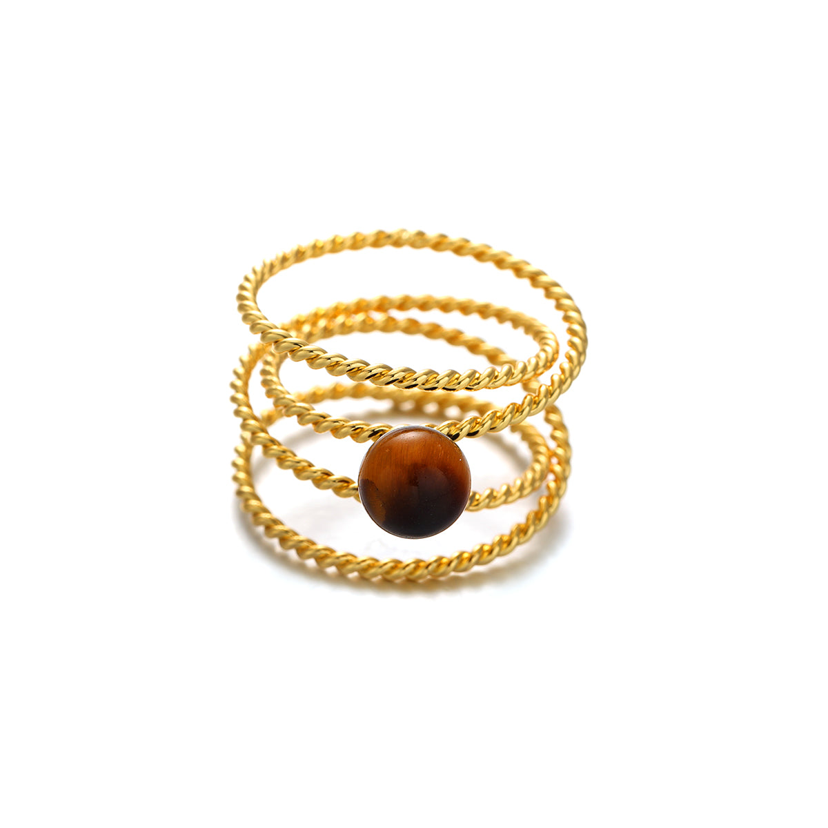 A model's hand wearing a luxe tiger eye stone ring with golden striations, paired with a cashmere sweater and leather gloves for autumn styling. The hypoallergenic brass band maintains its gold-plated finish against winter elements, while the stone's amber hues transition seamlessly from daytime meetings to evening events.