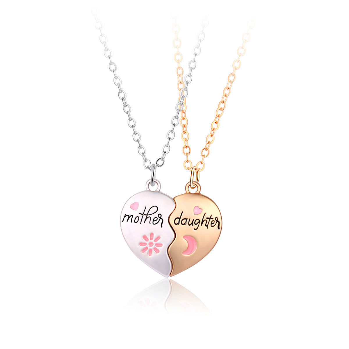 This image shows a magnetic heart-shaped puzzle necklace set from ChicBlingBabe, designed as a touching gift for mothers and daughters, featuring silver-tone enamel pendants that connect to form a single heart, making it a perfect accessory for birthdays, family photoshoots, or daily bonding wear between parent and child.
