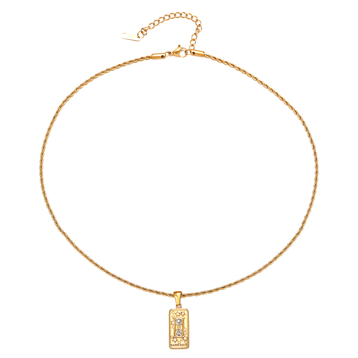 A gold-tone rectangular pendant necklace featuring an embossed floral pattern and sparkling zircon stones, perfect for elegant occasions and vintage-inspired looks. This intricately designed jewelry piece adds a sophisticated touch to any outfit, making it ideal for parties, formal events, or everyday wear.