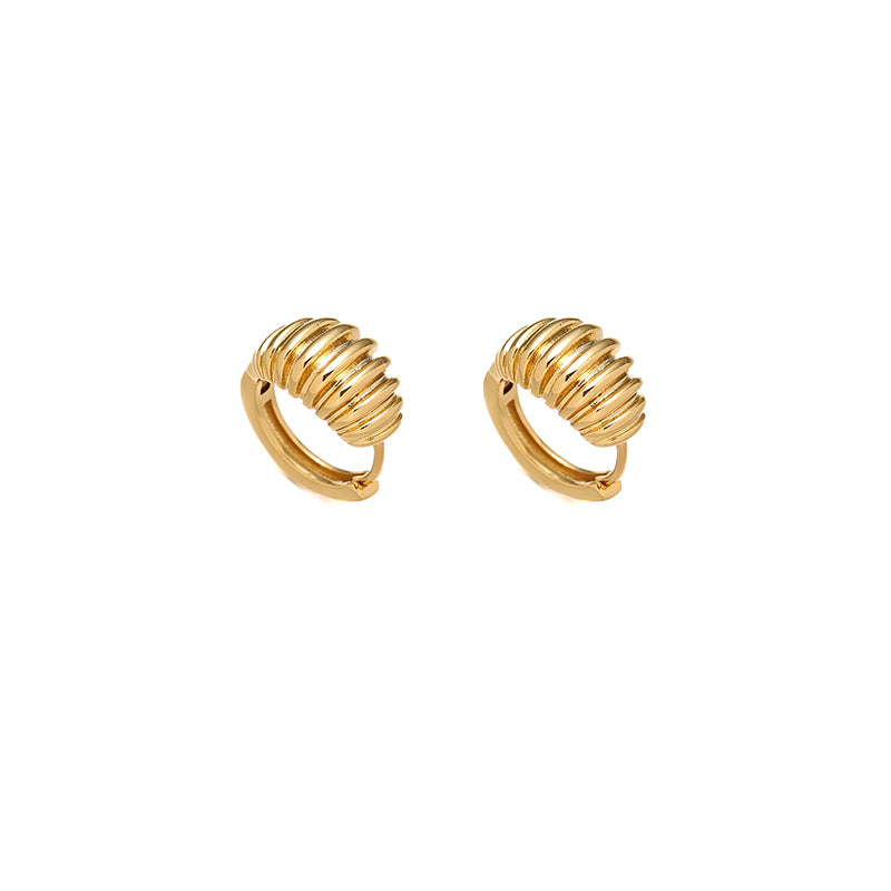 The image displays a pair of gold spiral hoop earrings with a smooth, polished surface and a unique layered design. Suitable for daily wear, office outfits, and elegant evening styles, these earrings add a refined touch to any look.