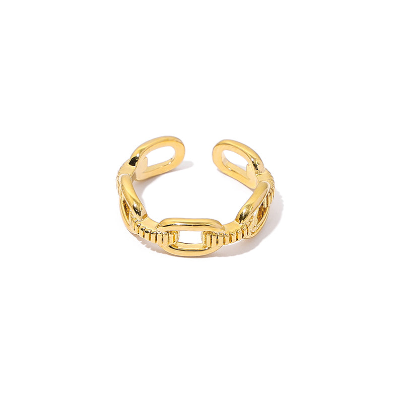 This sleek twisted stacking ring in gold features an open-band design with elegant hollow details, making it a stylish choice for layering or wearing alone. Perfect for daily wear or special occasions, this minimalist vintage-inspired piece adds sophistication to any look.