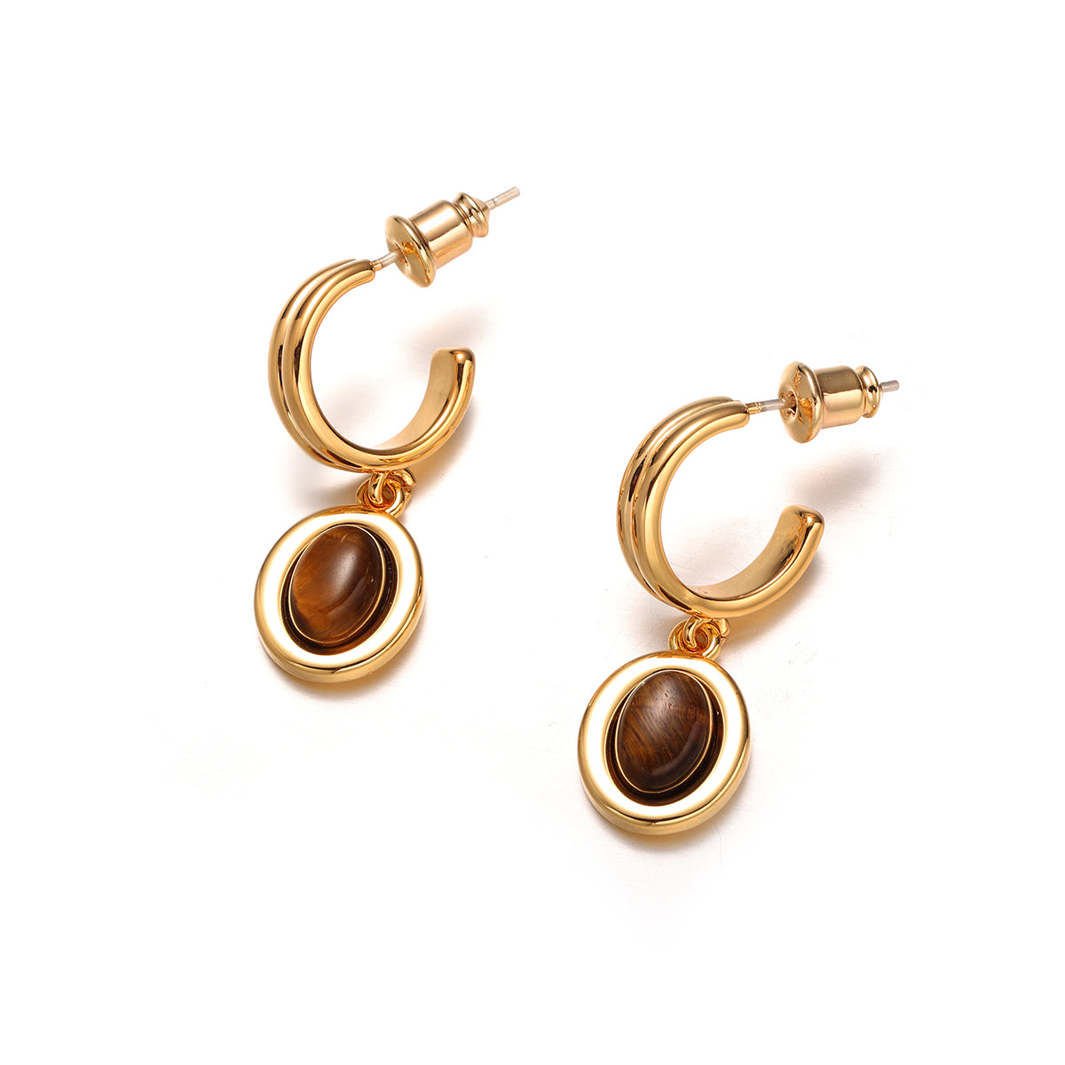 A pair of vintage-style earrings featuring polished agate and tiger eye gemstones, set in a gold-tone finish. These elegant drop earrings add a touch of sophistication and warmth to autumn and winter outfits, making them perfect for formal occasions, dinner parties, or everyday wear.