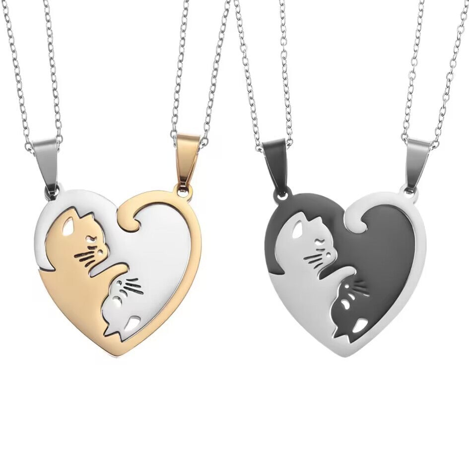 Cat Heart Couple Puzzle Necklace
