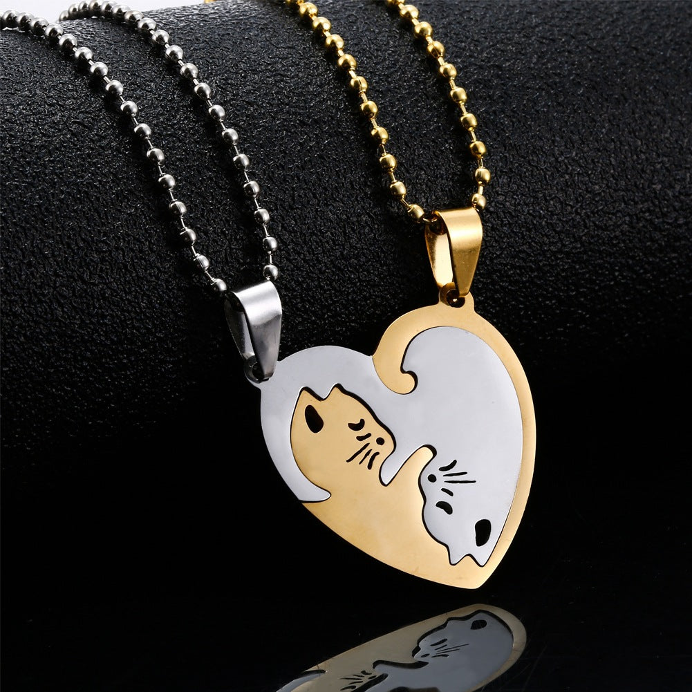 Cat Heart Couple Puzzle Necklace