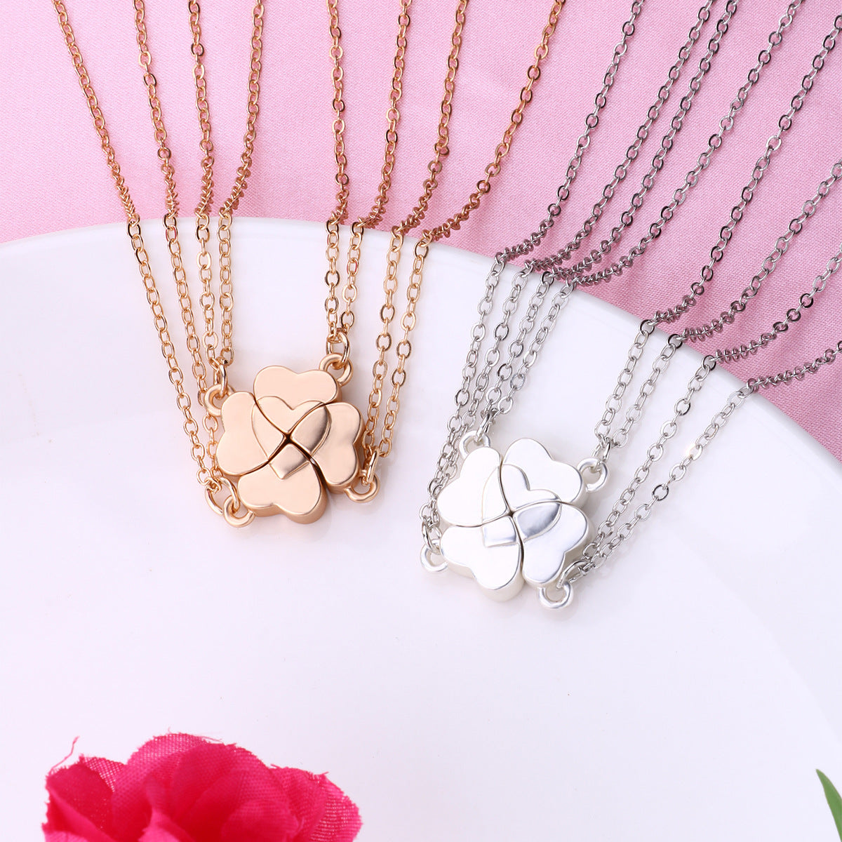 Magnetic 4-Petal Clover Necklace Set | Matching Puzzle Pendant for