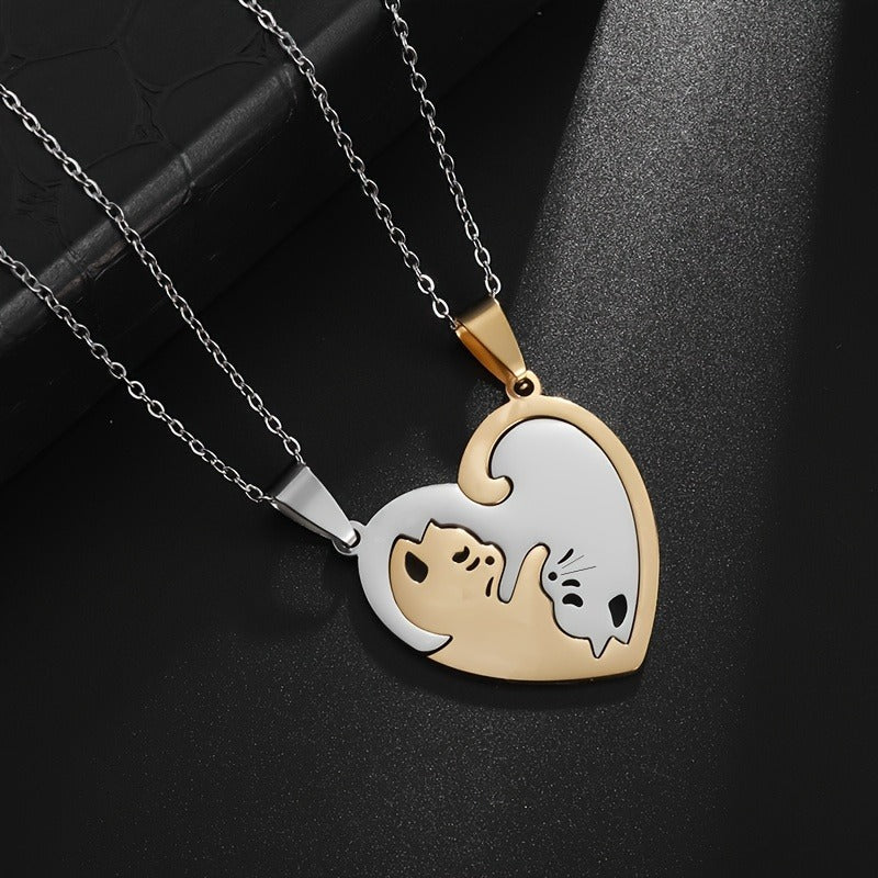 Cat Heart Couple Puzzle Necklace