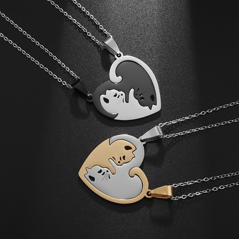 Cat Heart Couple Puzzle Necklace