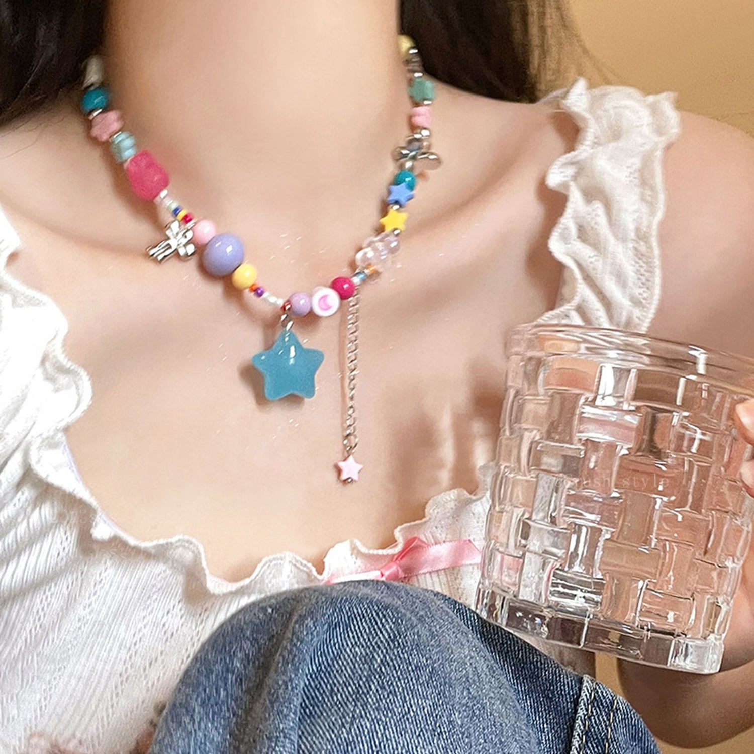 Colorful flowers love beads necklace