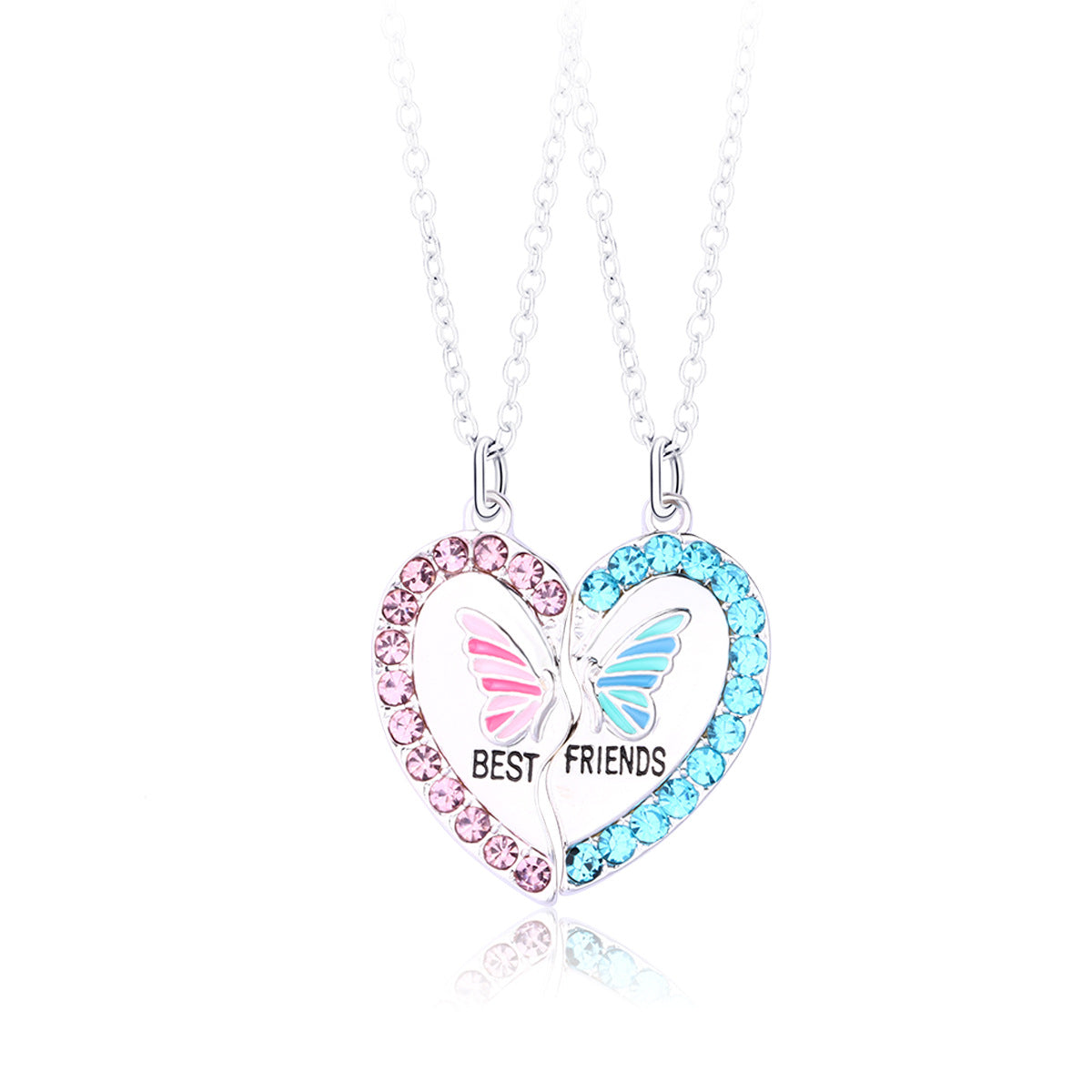 This image showcases a butterfly and heart magnetic split necklace from ChicBlingBabe, featuring glossy enamel details and sparkling accents in pink, blue and silver, perfect as a meaningful gift for best friends or for matching wear on birthdays, friendship day, or casual outings.