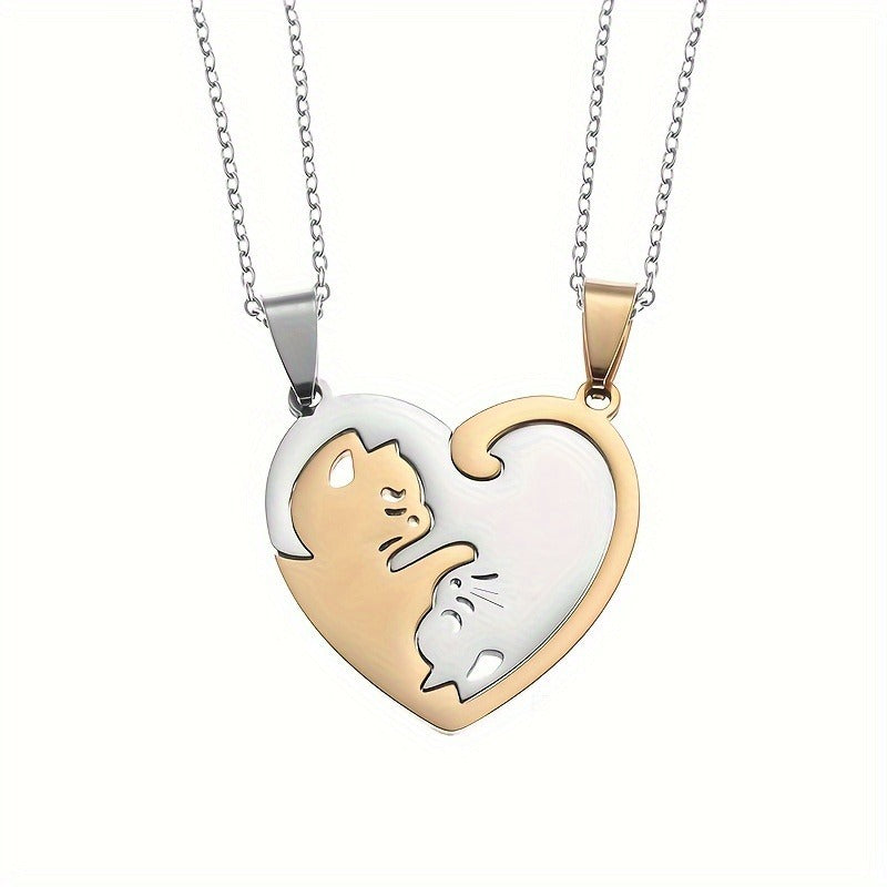 This image displays a pair of matching cat-shaped heart puzzle necklaces from ChicBlingBabe, designed in silver and gold tones with interlocking pendants that form a complete heart when joined, perfect for couples to wear as a daily reminder of connection and affection, ideal for anniversaries, Valentine's Day, or relationship milestones.